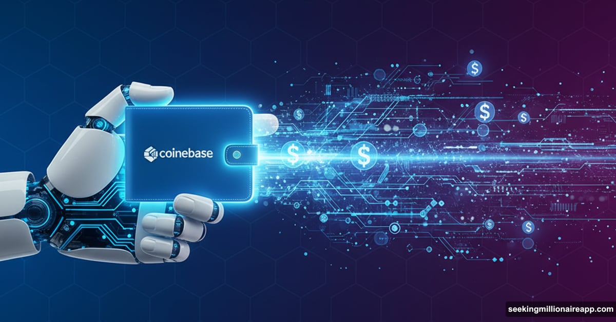 AI robotic hand holding glowing Coinbase cryptocurrency wallet with flowing digital coins