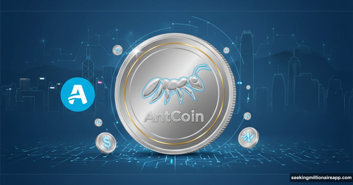 AntCoin cryptocurrency with ant logo against Hong Kong skyline backdrop
