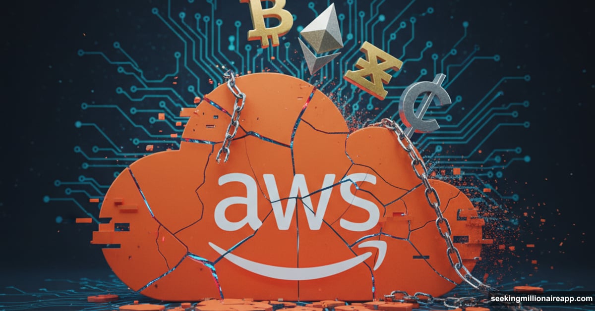 Cryptocurrency symbols falling from cracked AWS cloud platform foundation