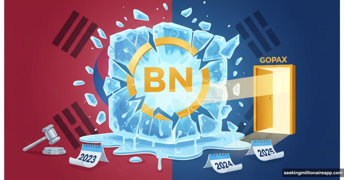 Binance logo breaking free from melting ice with Korean flag colors