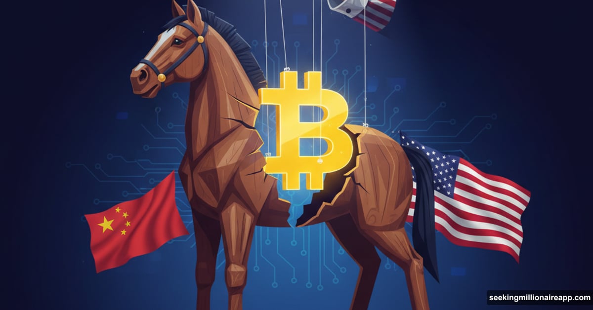 Binance logo inside Trojan horse controlled by Uncle Sam's hand