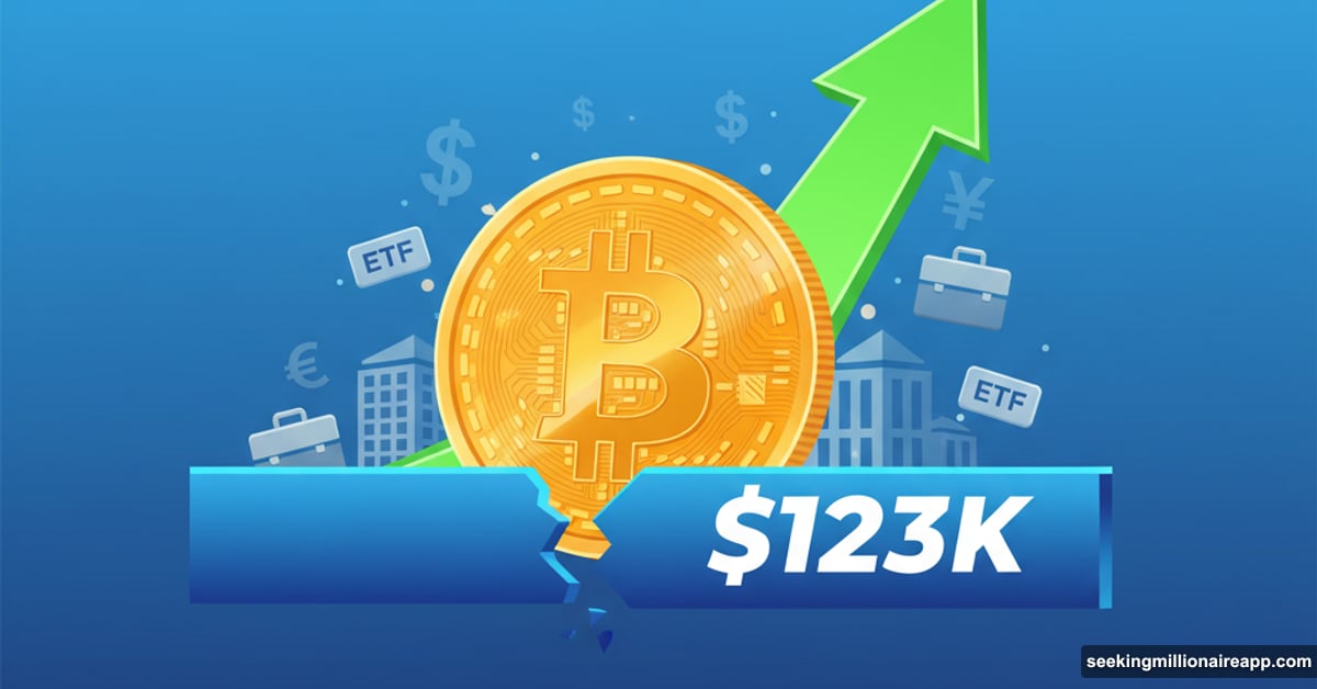 Bitcoin coin breaking through $123K price level with institutional symbols