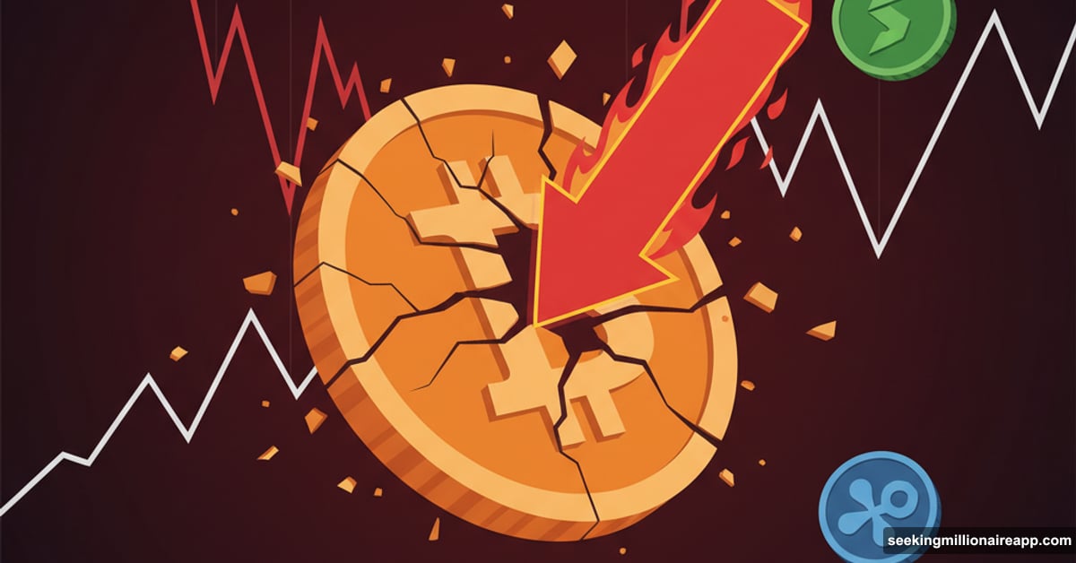 Bitcoin coin cracking with downward arrow showing seven billion dollar crash