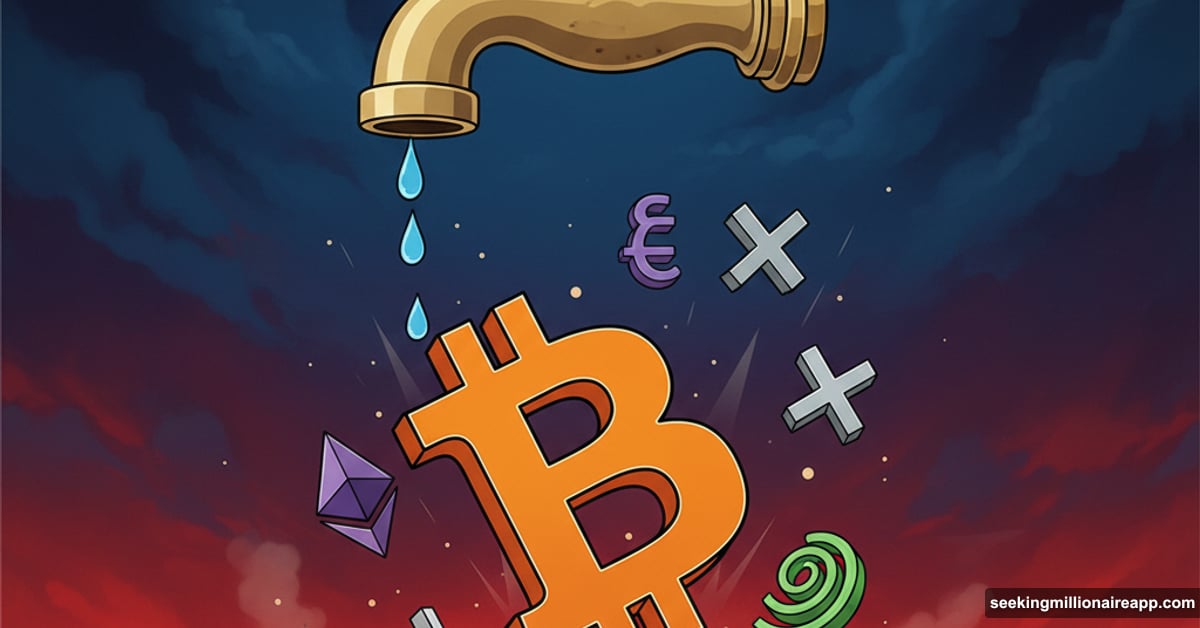 Bitcoin and cryptocurrencies falling beneath dry liquidity faucet illustration