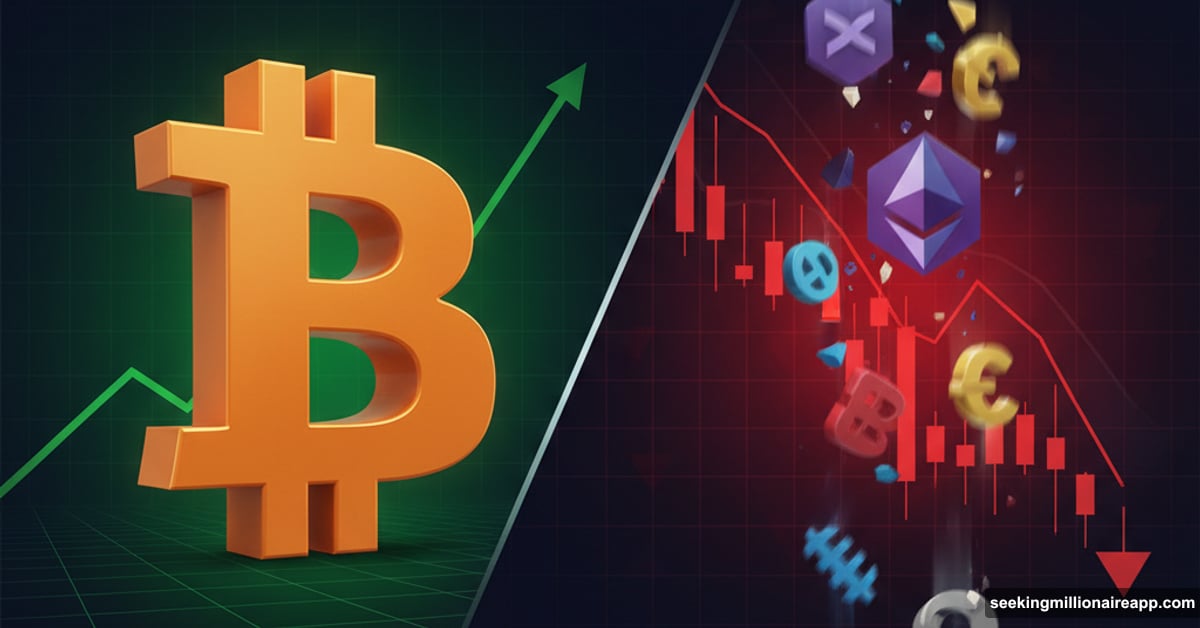 Bitcoin standing strong while altcoin symbols crash downward dramatically