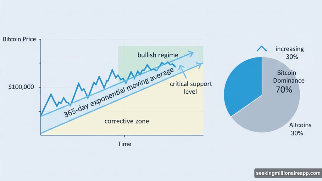 Bitcoin's exponential moving average separating bullish regimes from corrective ones
