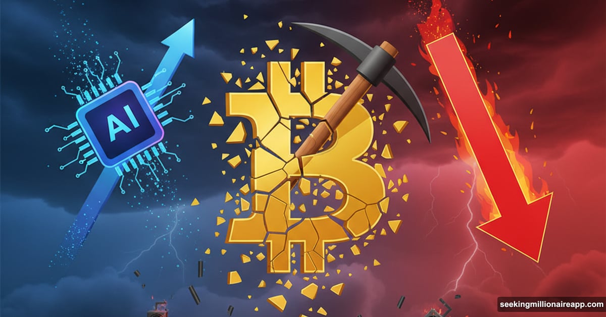 Cracking Bitcoin symbol with AI chip and plunging stock chart showing crypto miner crash