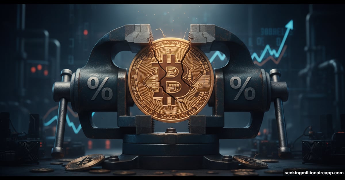 Bitcoin coin squeezed in vice grip representing mining profitability pressure