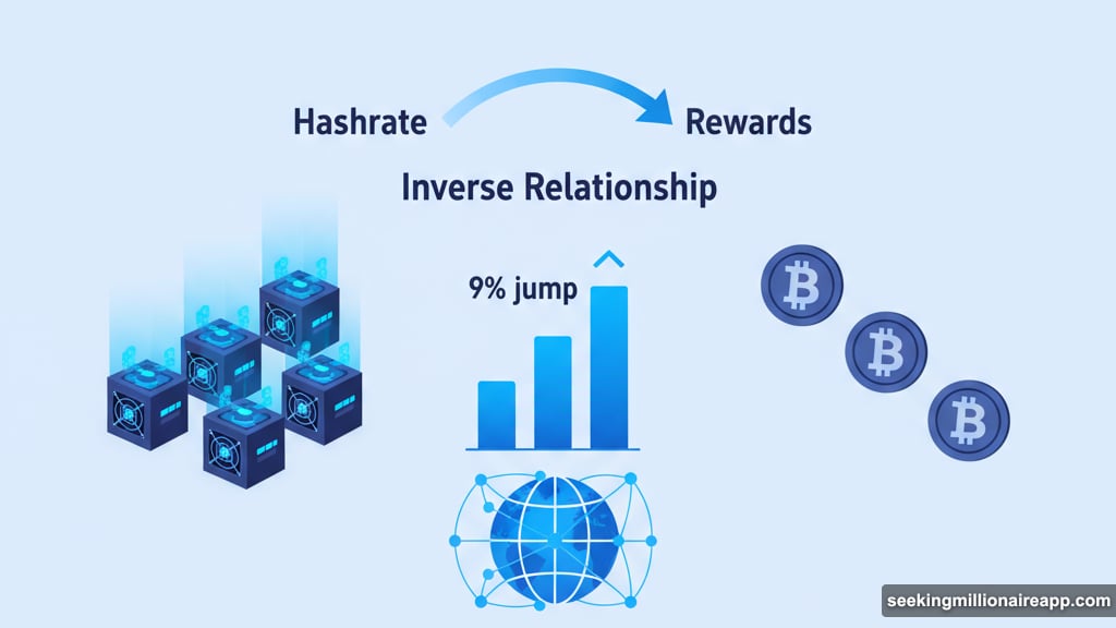 Network hashrate jumped nine percent while bitcoin production decreased for miners