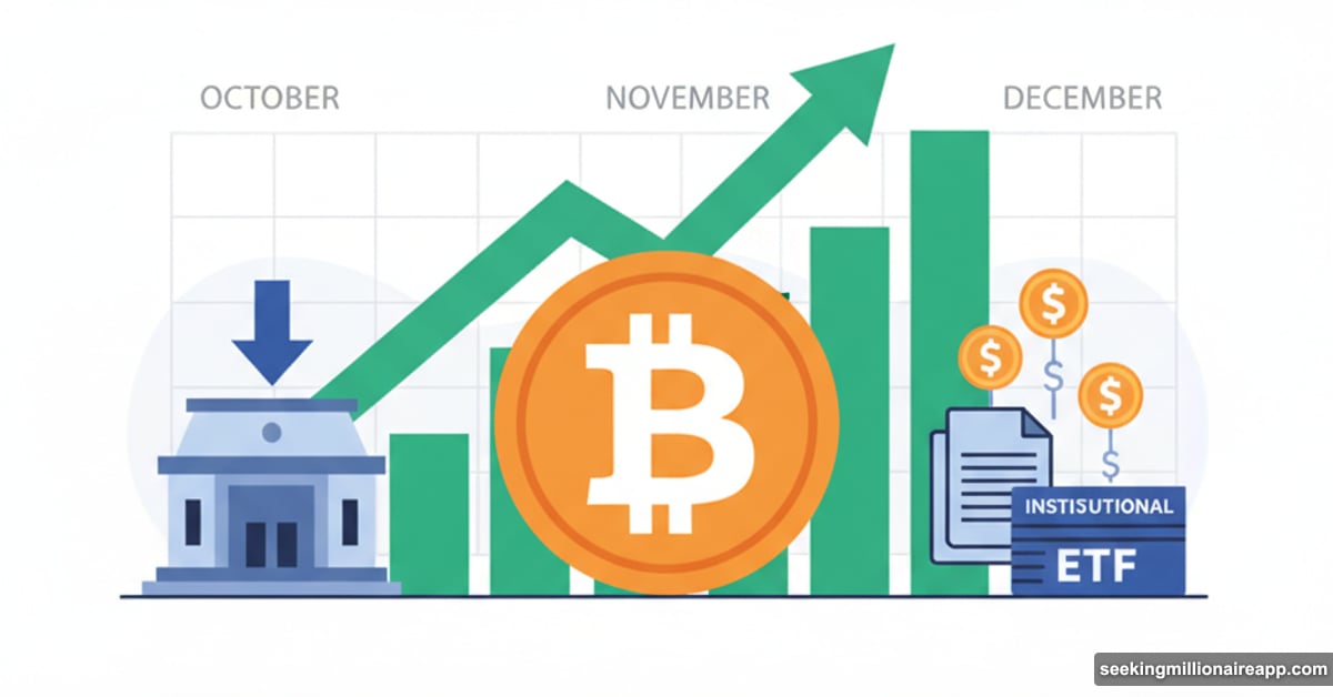 Bitcoin coin with upward charts, Fed building, and ETF symbols