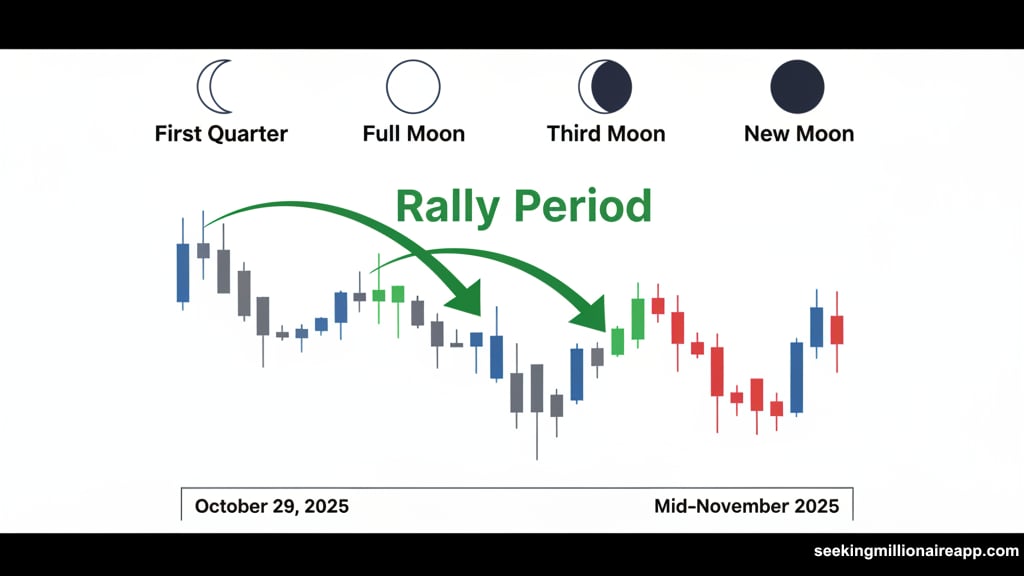 Lunar cycles overlay on Bitcoin price patterns throughout 2025