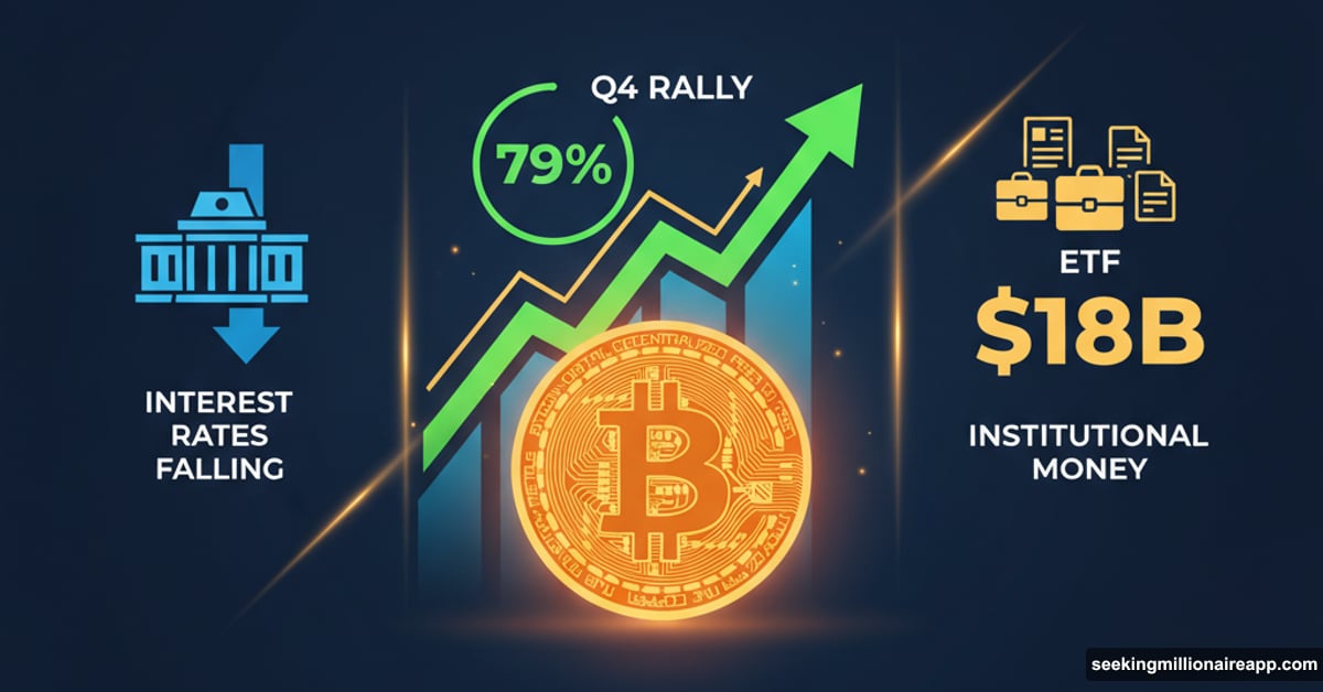 Bitcoin coin with upward chart showing Q4 rally and institutional adoption