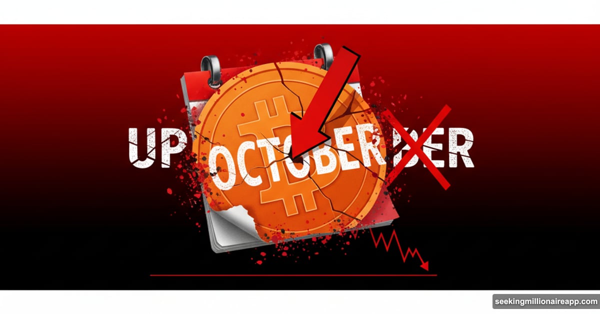 Bitcoin coin with downward arrow and crumbling October calendar