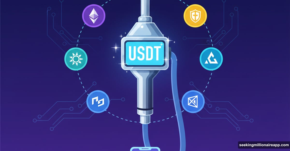 Digital gas pump displaying USDT with blockchain logos orbiting around it