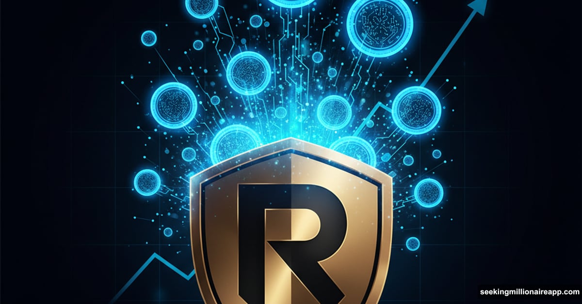 BlackRock logo with glowing blockchain tokens exploding upward symbolizing tokenization