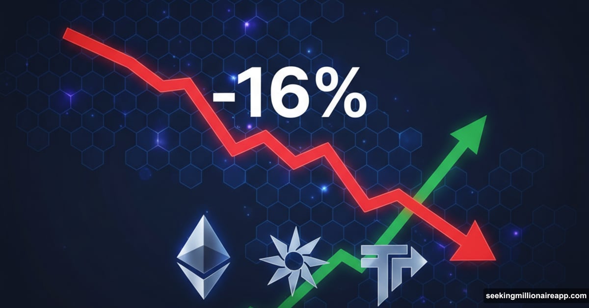 Blockchain revenue graph declining 16% with major network logos below