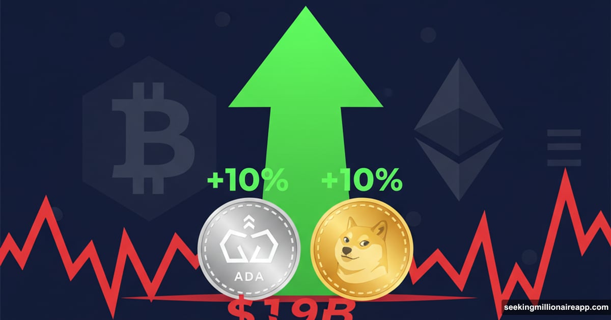 Cardano and Dogecoin coins with upward green arrow showing recovery