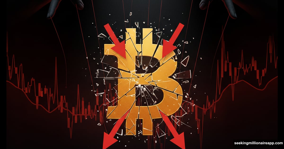 Cracked Bitcoin symbol manipulated by puppet strings with falling price indicators