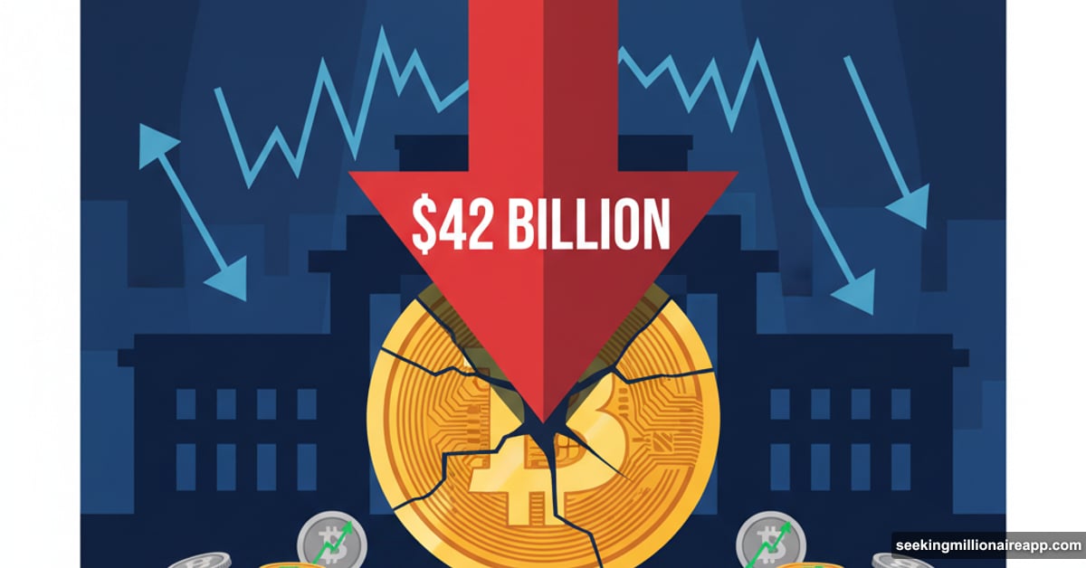 Bitcoin symbol pierced by red downward arrow representing $42 billion crypto market crash