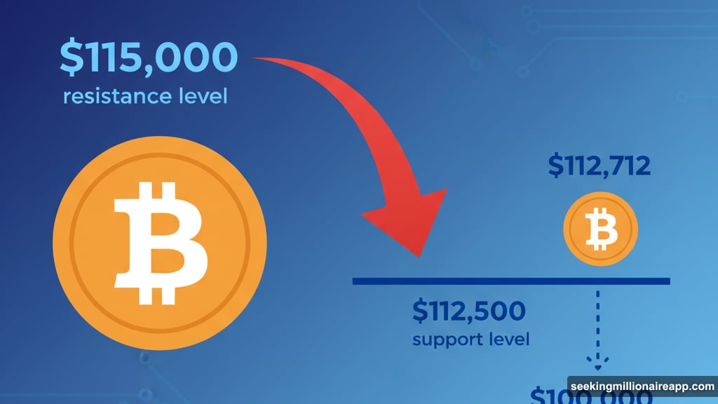 Bitcoin struggles below $115,000 resistance with critical support at $112,500