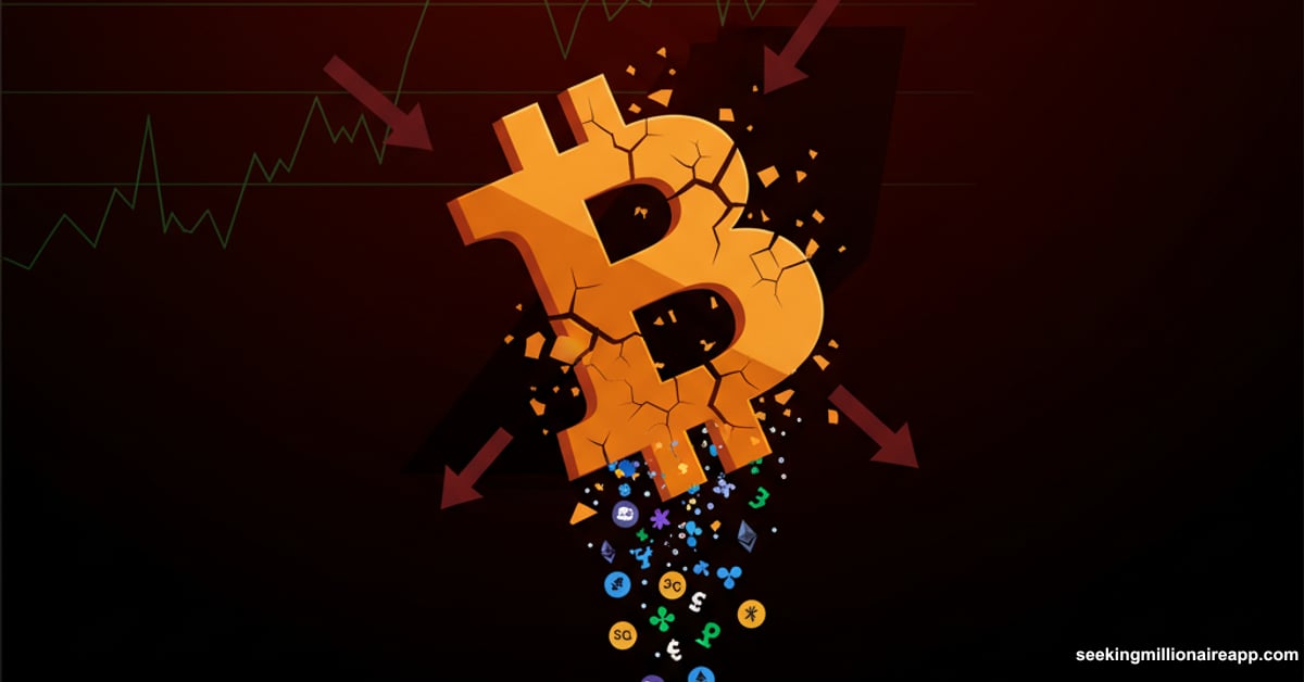 Bitcoin symbol cracking and fragmenting with altcoins falling downward during market crash