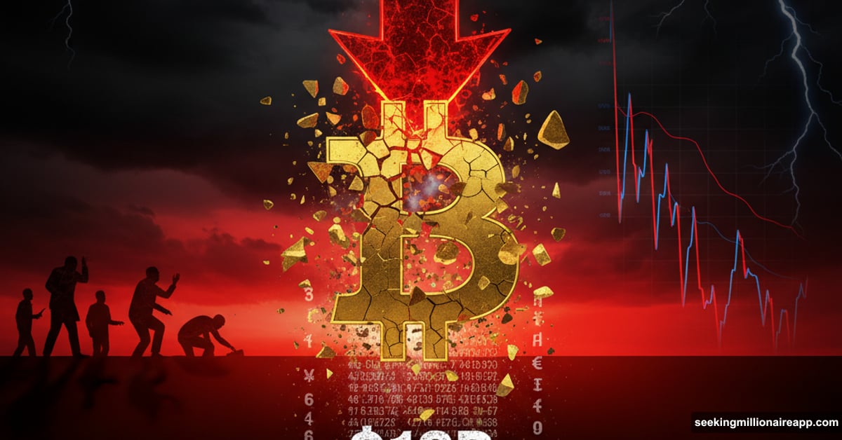 Bitcoin symbol shattering under massive downward arrow with $16B liquidation text