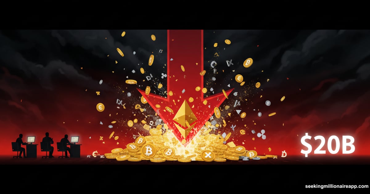 Red arrow crashing through exploding Bitcoin pile symbolizing catastrophic crypto liquidation