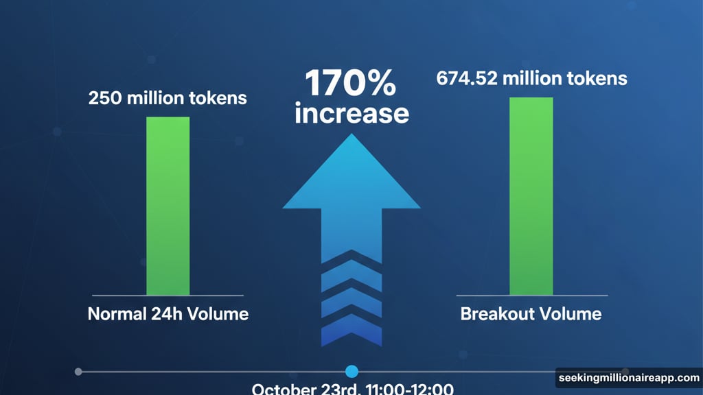Trading volume hit 674.52 million tokens, 170% above typical average