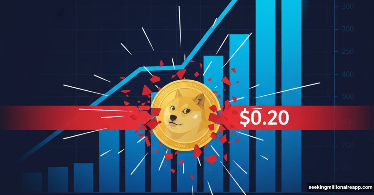 Dogecoin breaking through twenty cent barrier with massive trading volume spike