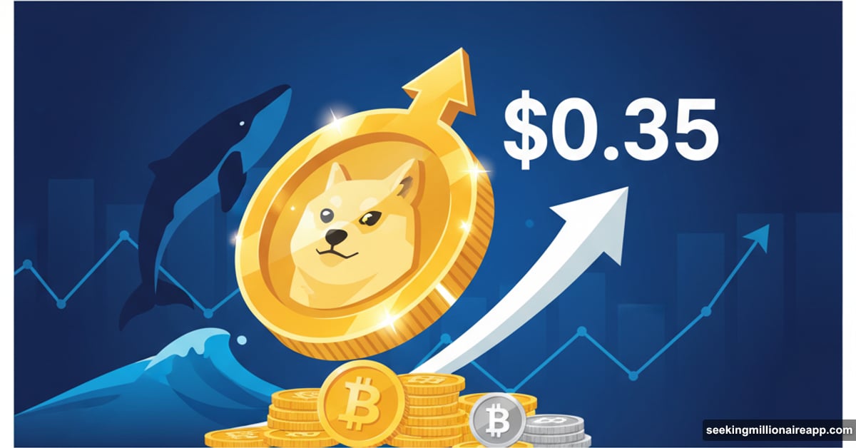 Dogecoin symbol rising toward $0.35 target with whale accumulation