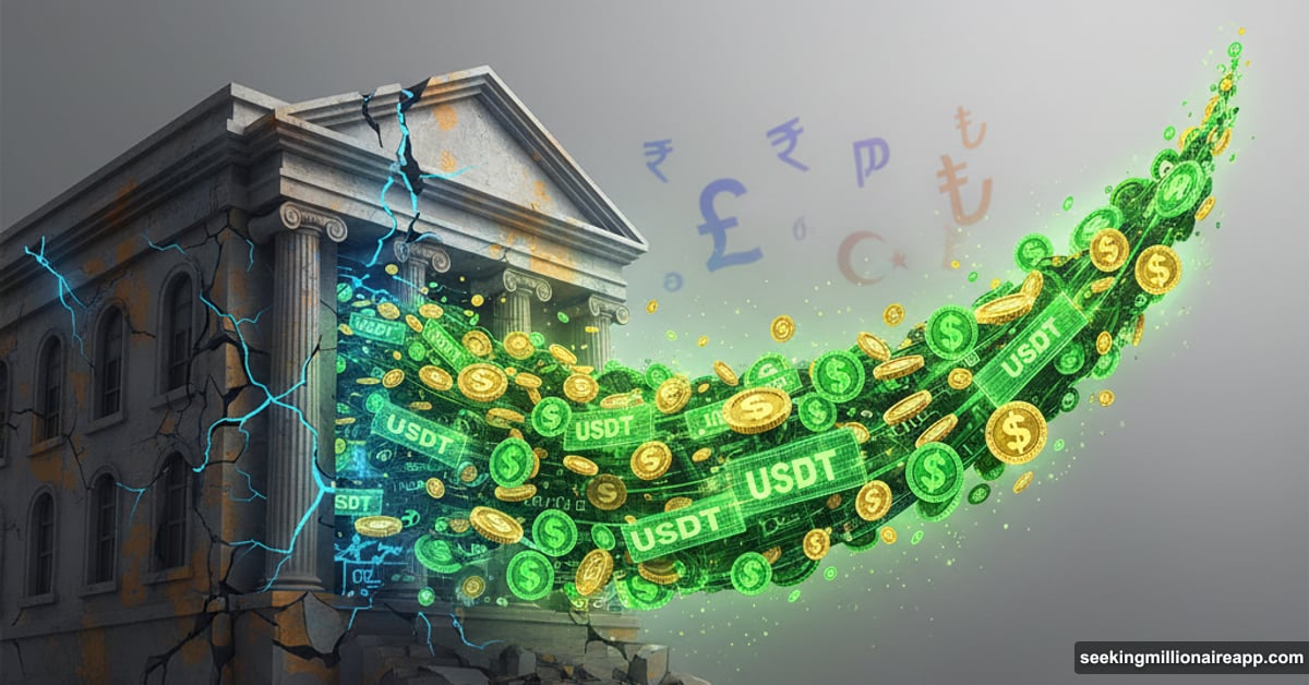 Traditional bank building crumbling as stablecoin river flows away exodus