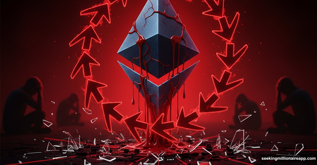 Ethereum logo cracking and falling surrounded by cascading liquidation arrows