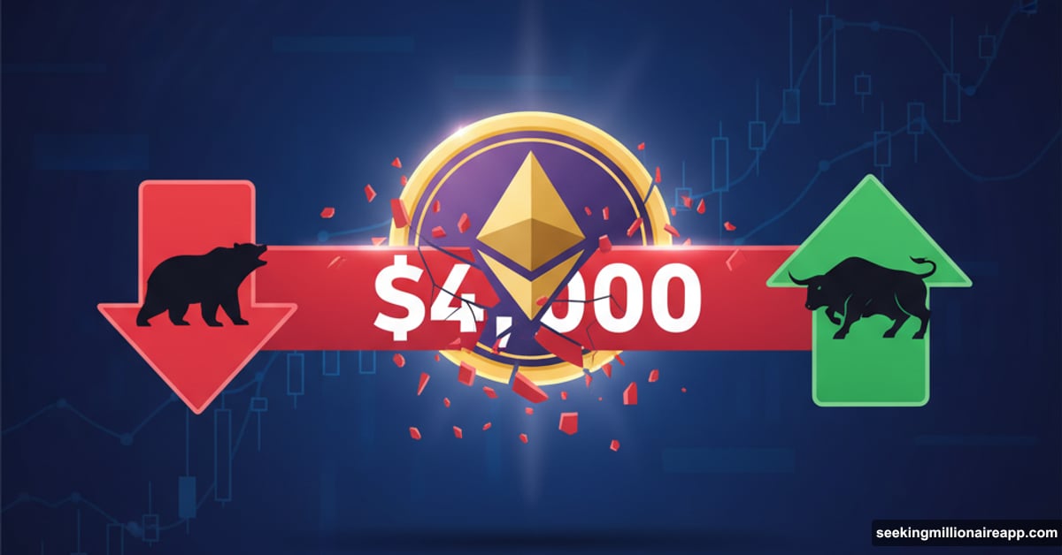 Ethereum coin breaking $4,000 barrier with bulls and bears opposing