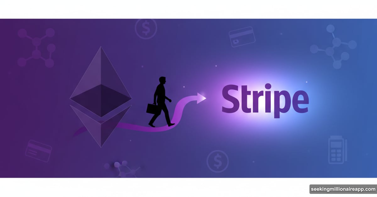 Developer leaving Ethereum logo walking toward Stripe in blockchain transition