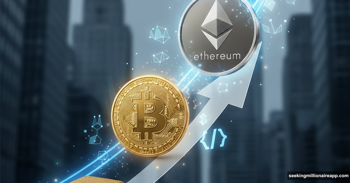 Ethereum coin rising above Bitcoin with Wall Street skyline background