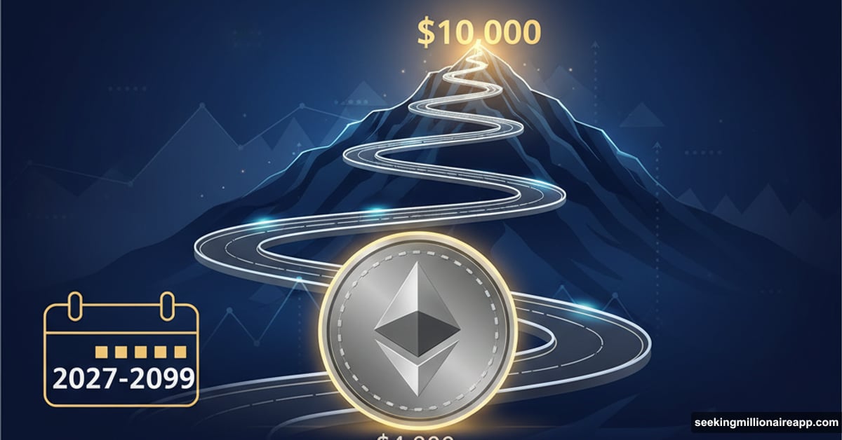 Ethereum coin at base of long winding path toward distant $10K target