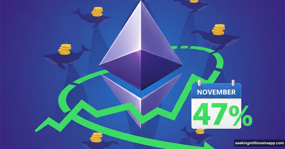 Ethereum logo with upward chart and whales representing November bullish performance