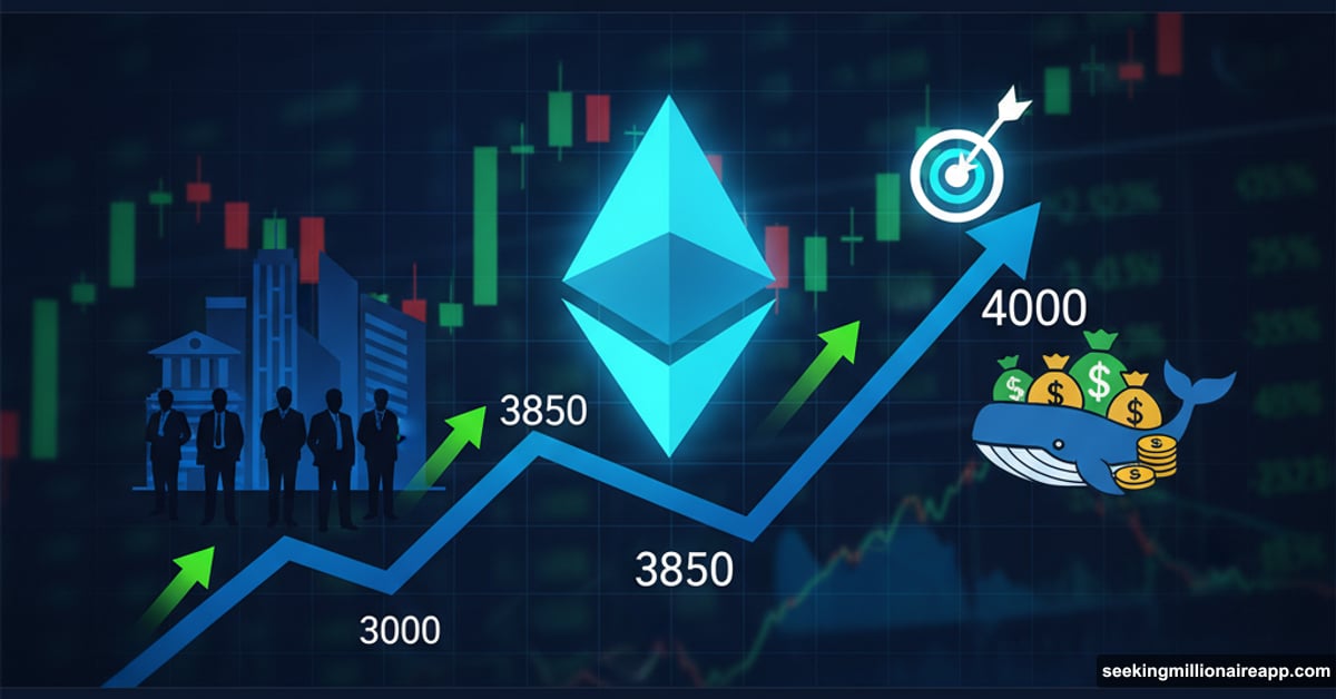 Ethereum logo climbing price chart toward $4,000 target level