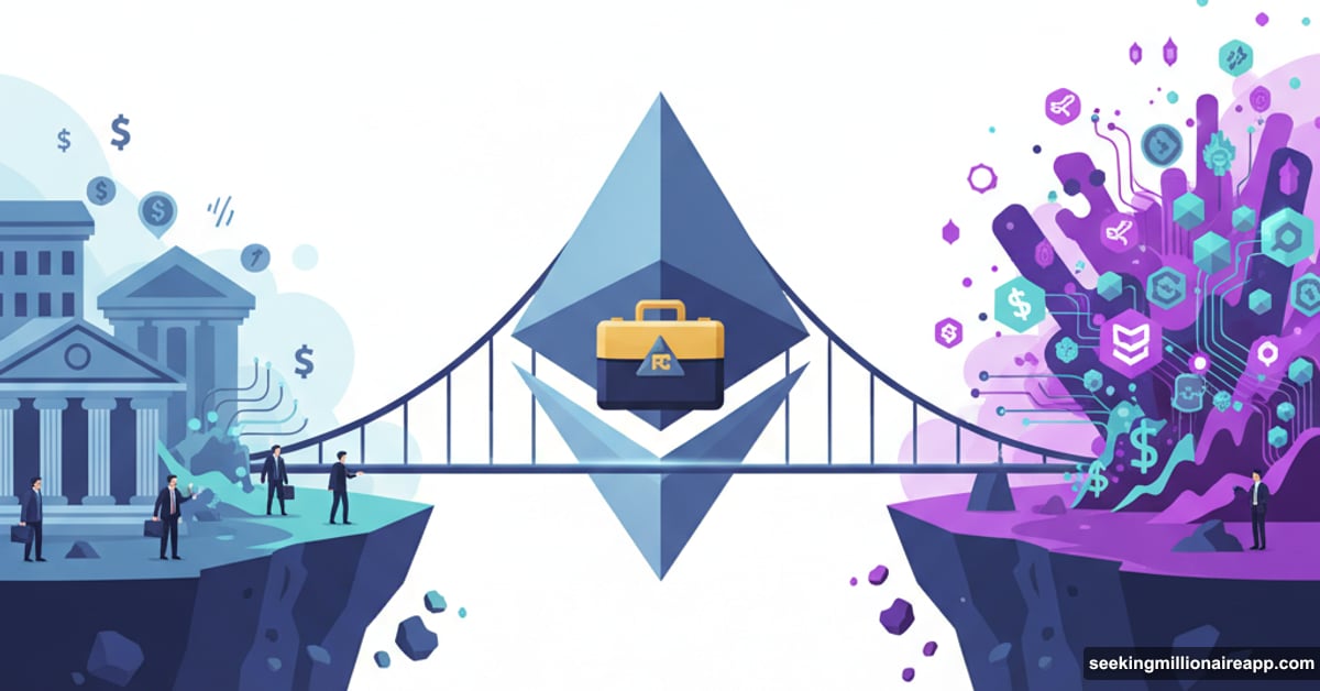Ethereum logo as bridge connecting traditional finance to decentralized web3