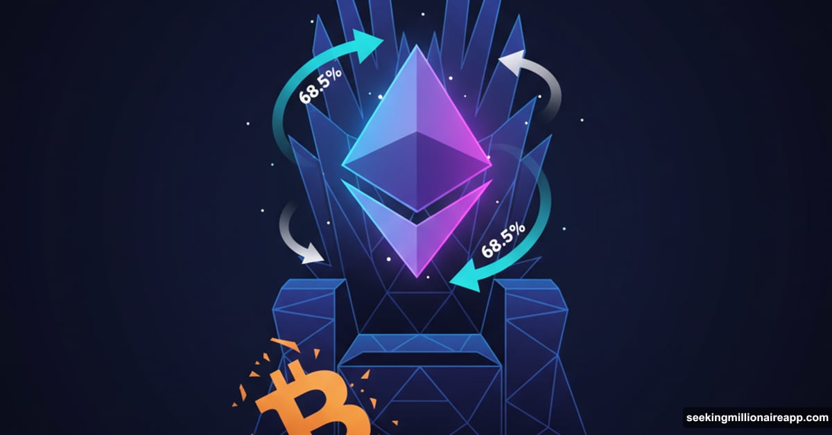 Ethereum logo on throne above Bitcoin showing market dominance shift