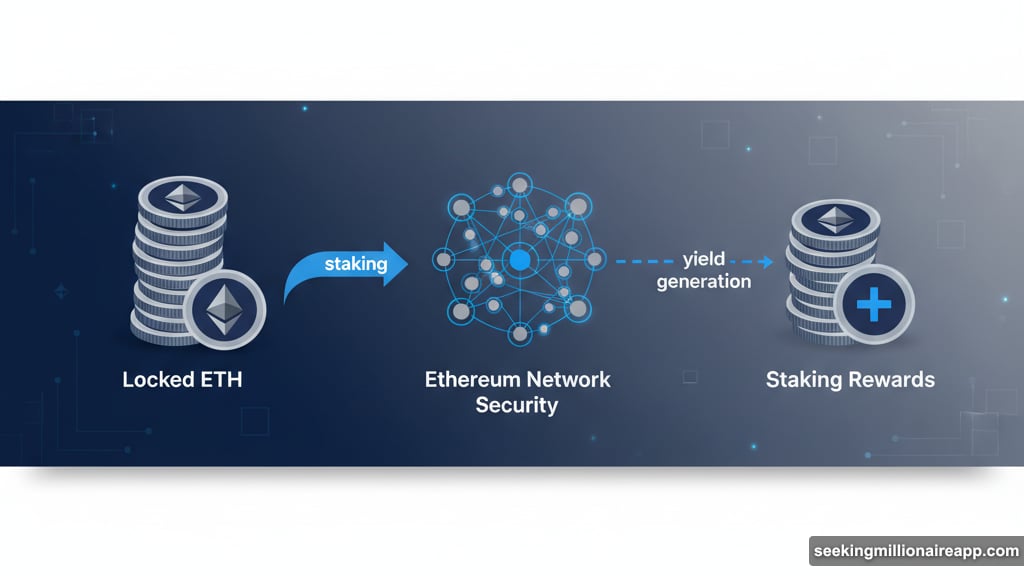 Staking locks ETH tokens to secure network and earn rewards