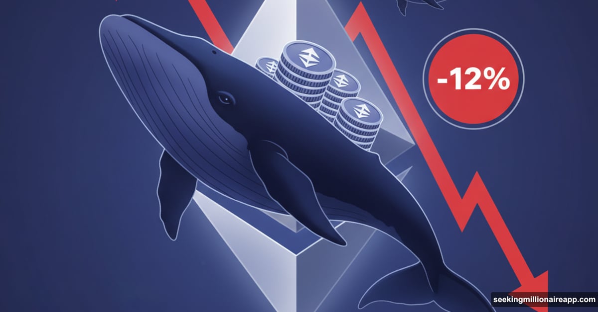Ethereum whale buying cryptocurrency during 12% market crash illustration