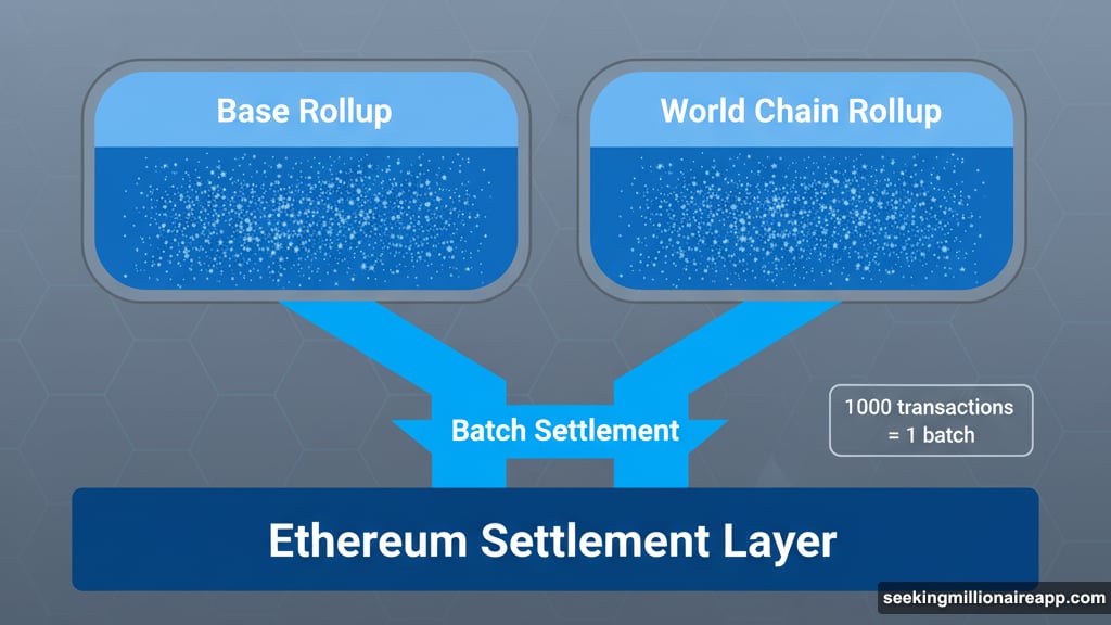 Rollups handle thousands of transactions and settle as single batch