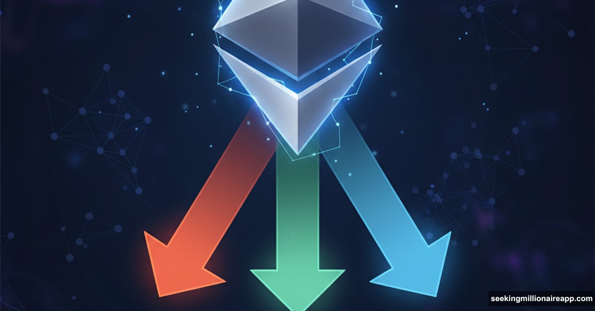 Ethereum logo with downward arrows flowing to Layer-2 platforms showing cost reduction