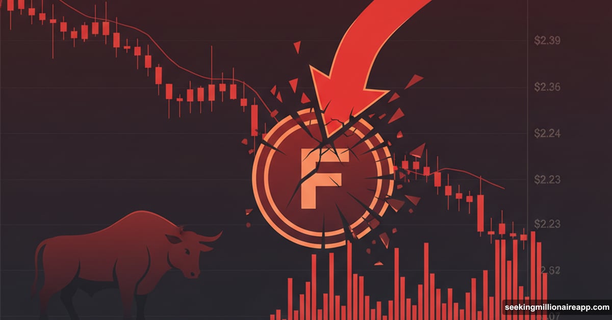 Filecoin cryptocurrency coin cracking with red downward arrow showing price crash