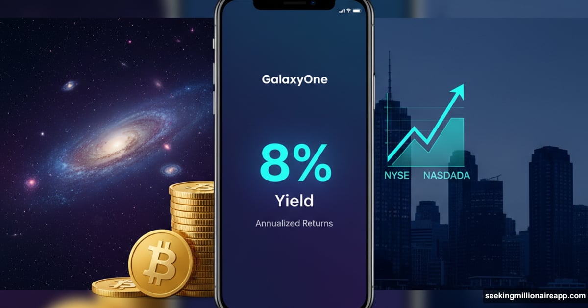 GalaxyOne app showing 8% yield with crypto and stocks