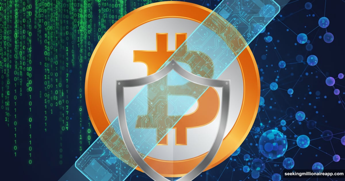 Bitcoin coin overlaid with glowing quantum chip and protective shield
