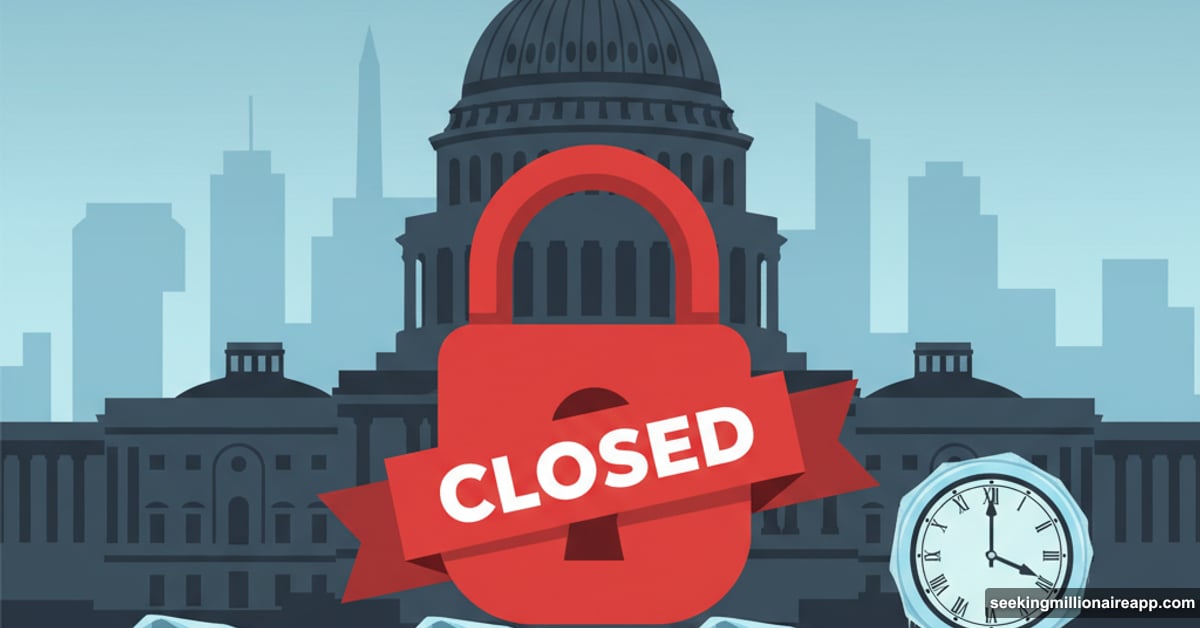 US Capitol building locked with frozen cryptocurrency symbols and ETF documents