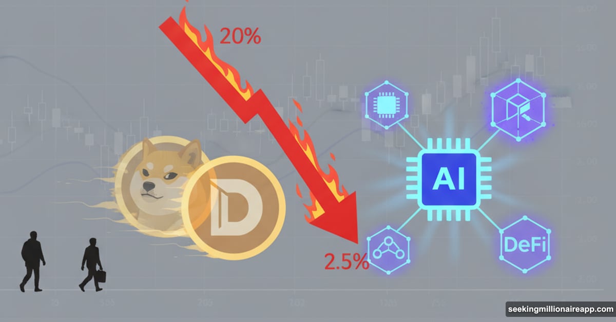 Fading Dogecoin and Shiba Inu coins with declining chart showing meme coin collapse