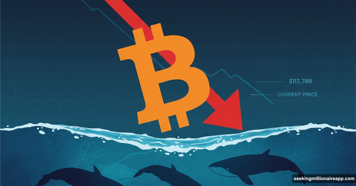 Bitcoin symbol sinking underwater with whale silhouettes beneath waterline